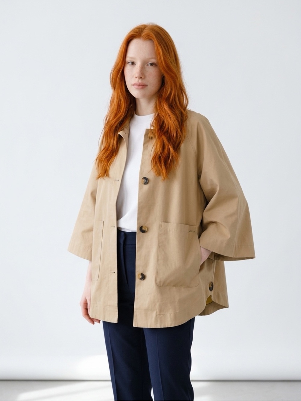 Relaxed Short Cape Trench Jacket in Beige